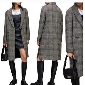 AllSaints Dustie Houndstooth Plaid Coat 4 Black Gray Trench All Saints Jacket 90